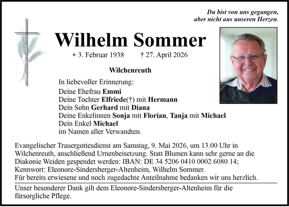 Traueranzeige Wilhelm Sommer, Wilchenreuth