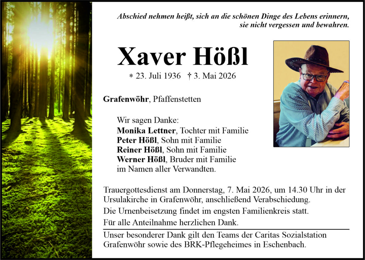 Traueranzeige Xaver Hößl, Grafenwöhr