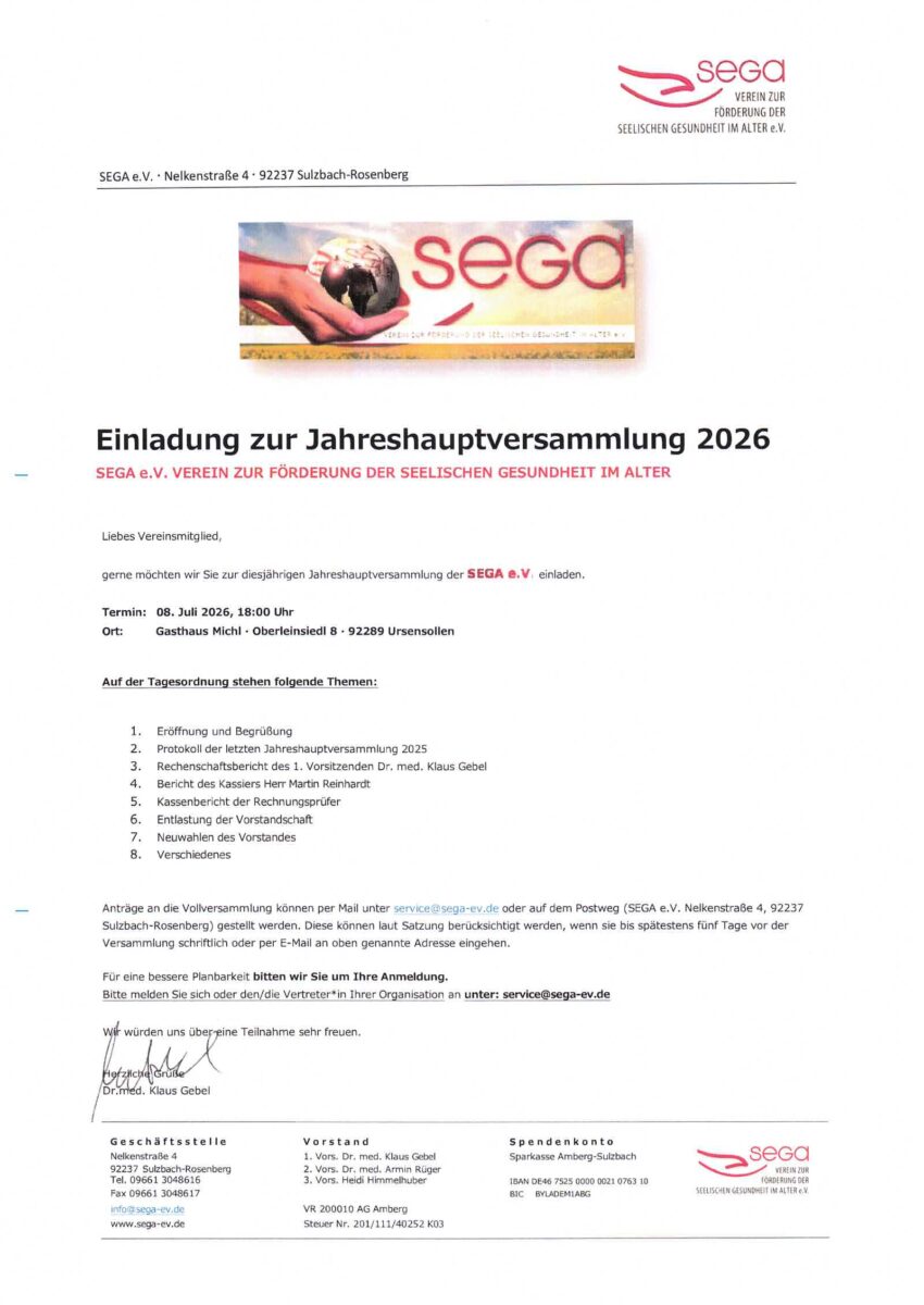 Jahreshauptversammlung SEGA e.V. am 8.7.26