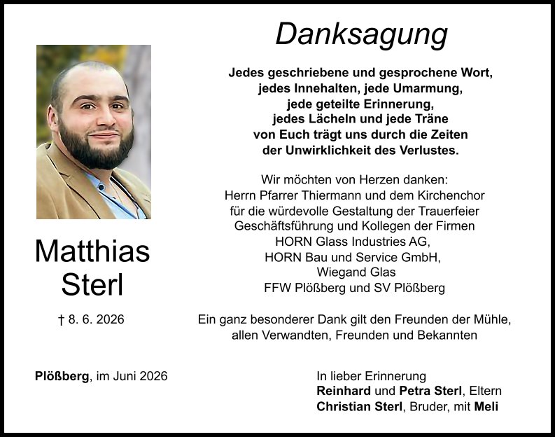 Danksagung Matthias Sterl, Plößberg