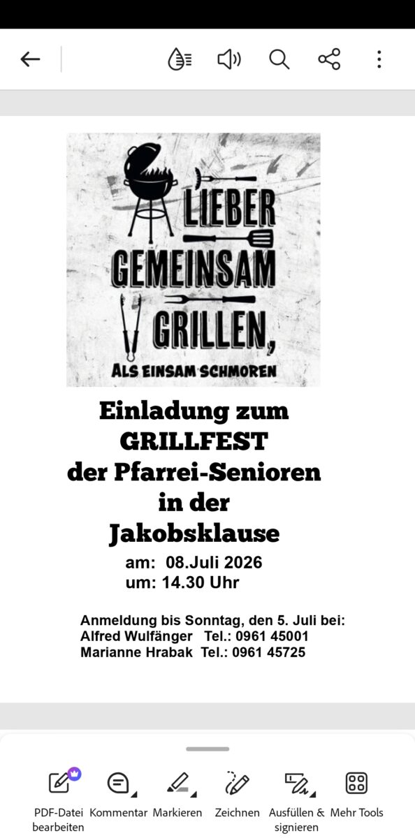 Pfarrei-Senioren laden zum Grillfest in Weiden ein