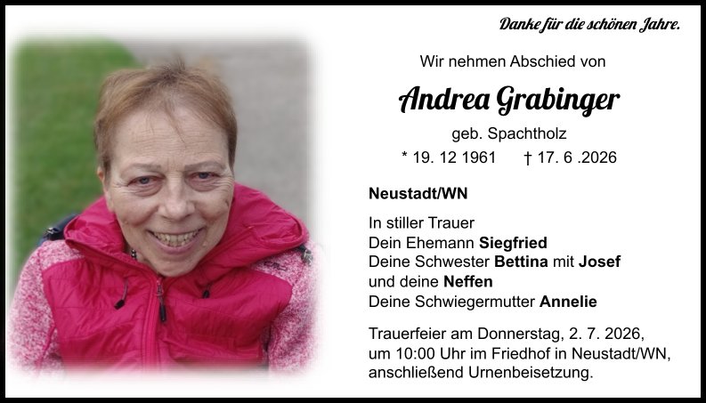 Traueranzeige Andrea Grabinger, Neustadt/WN