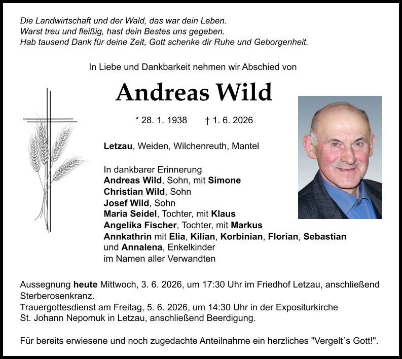 Traueranzeige Andreas Wild, Letzau