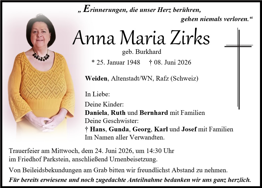 Traueranzeige Anna Maria Zirks, Parkstein