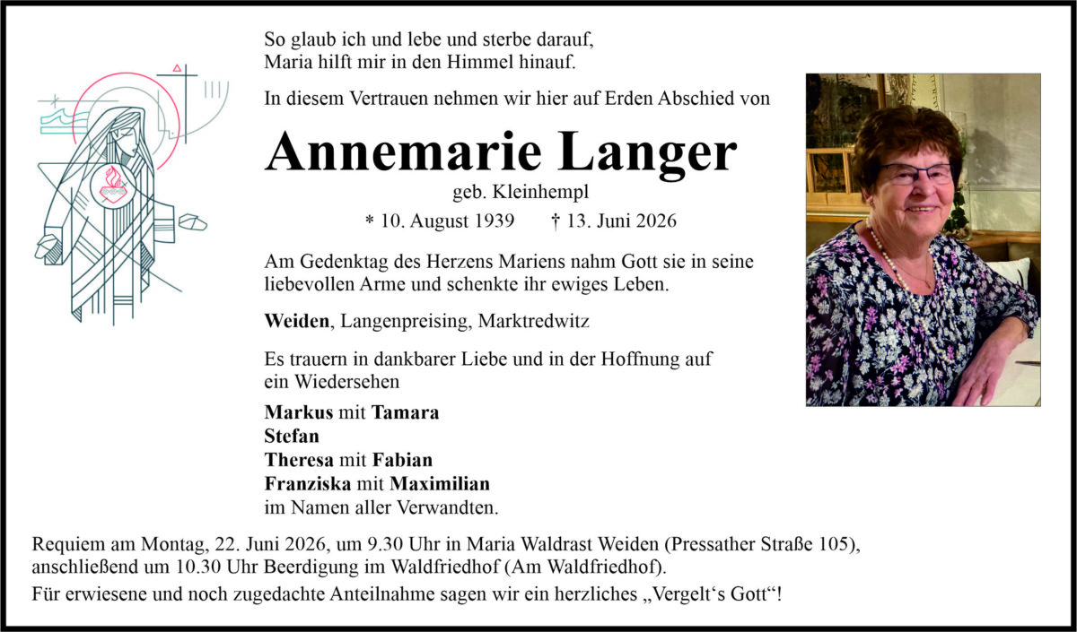 Traueranzeige Annemarie Langer, Weiden