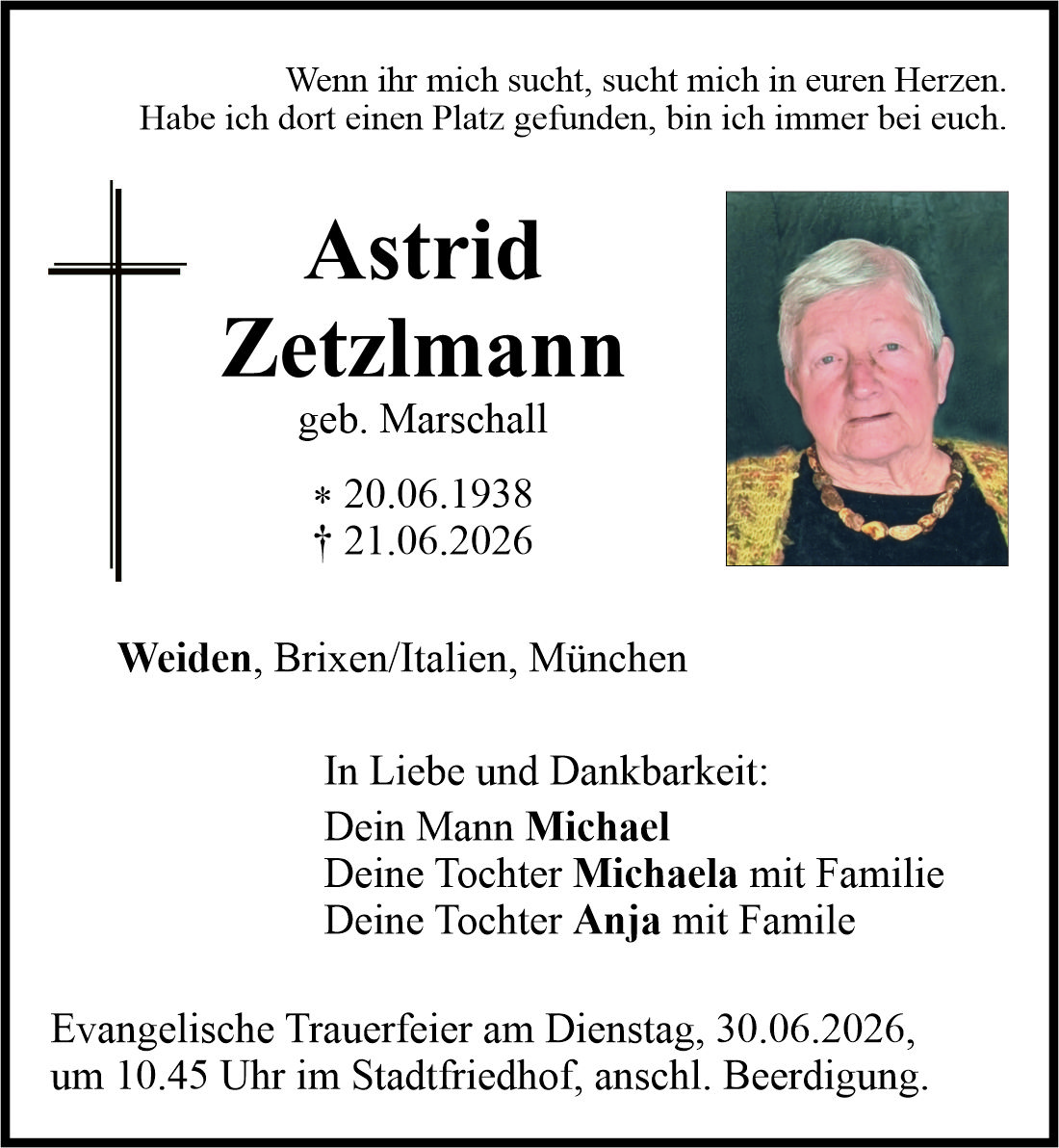 Traueranzeige Astrid Zetzlmann, Weiden