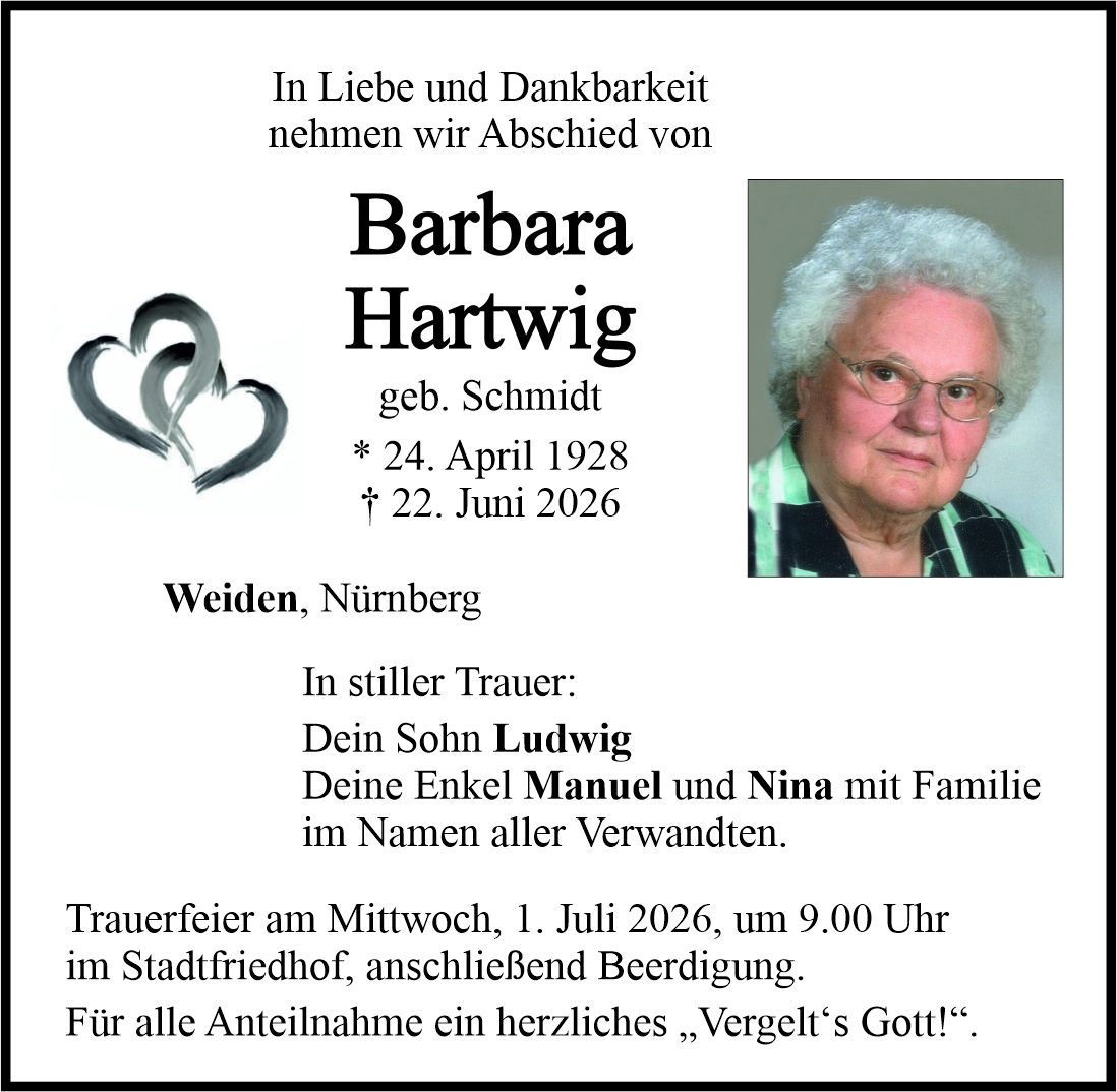 Traueranzeige Barbara Hartwig, Weiden
