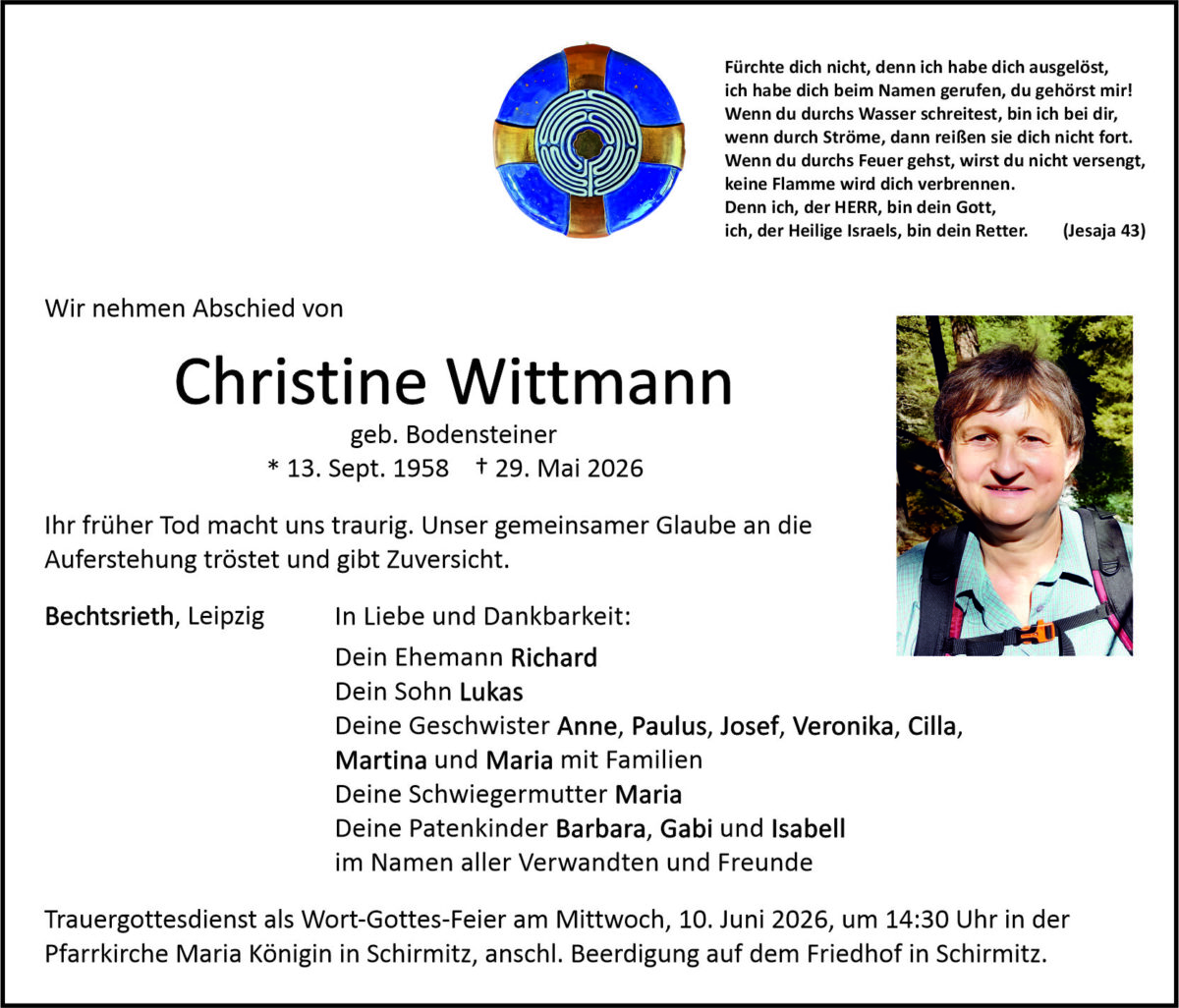 Traueranzeige Christine Wittmann, Bechtsrieth