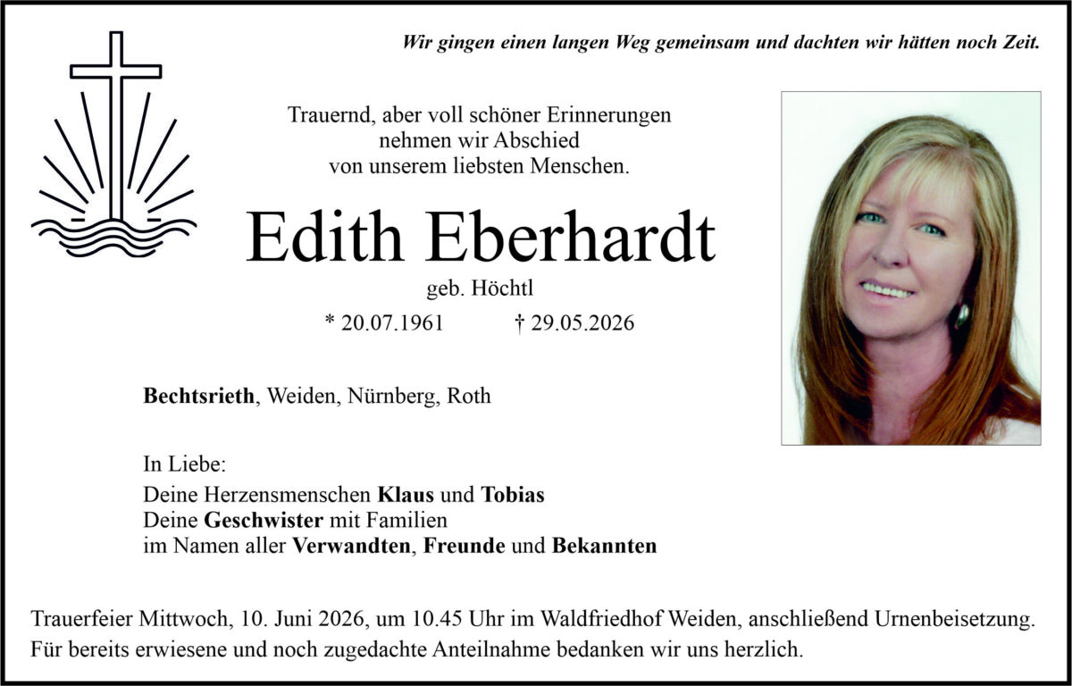 Traueranzeige Edith Eberhardt, Bechtsrieth
