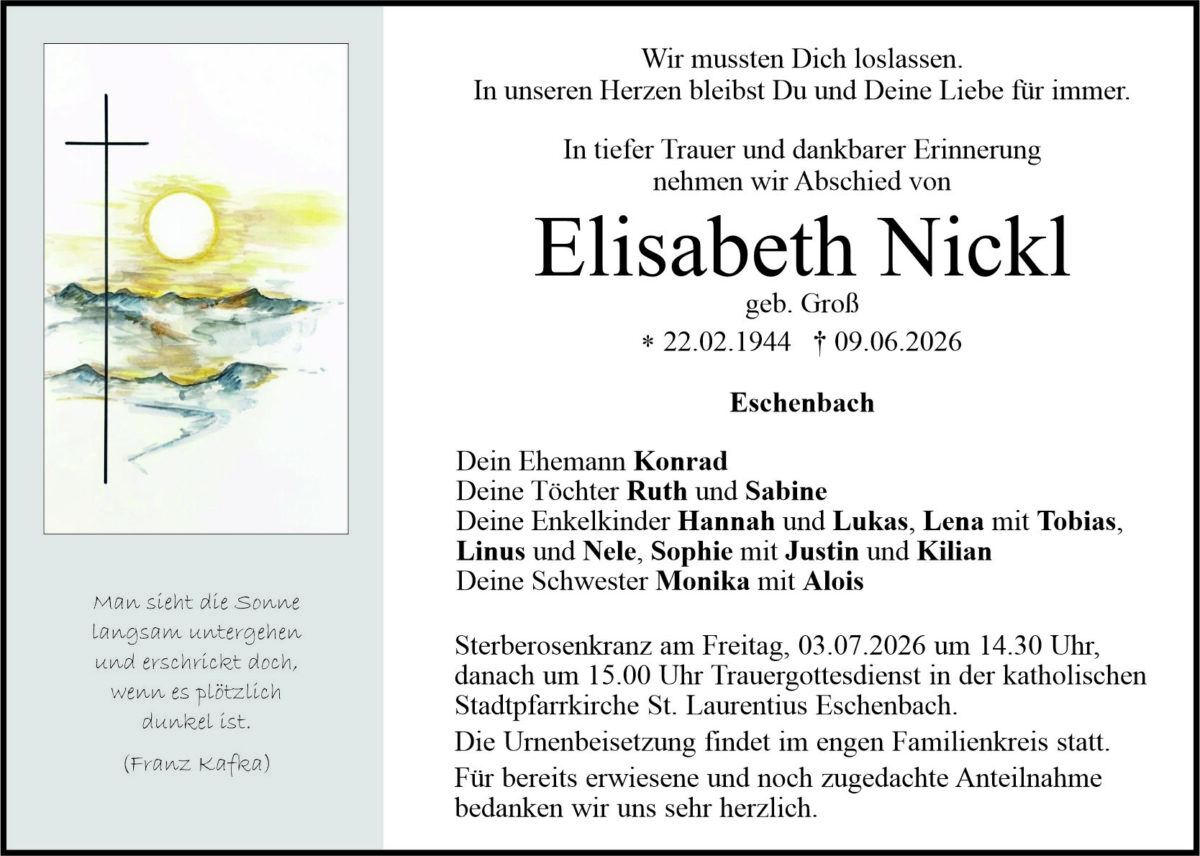 Traueranzeige Elisabeth Nickl, Eschenbach