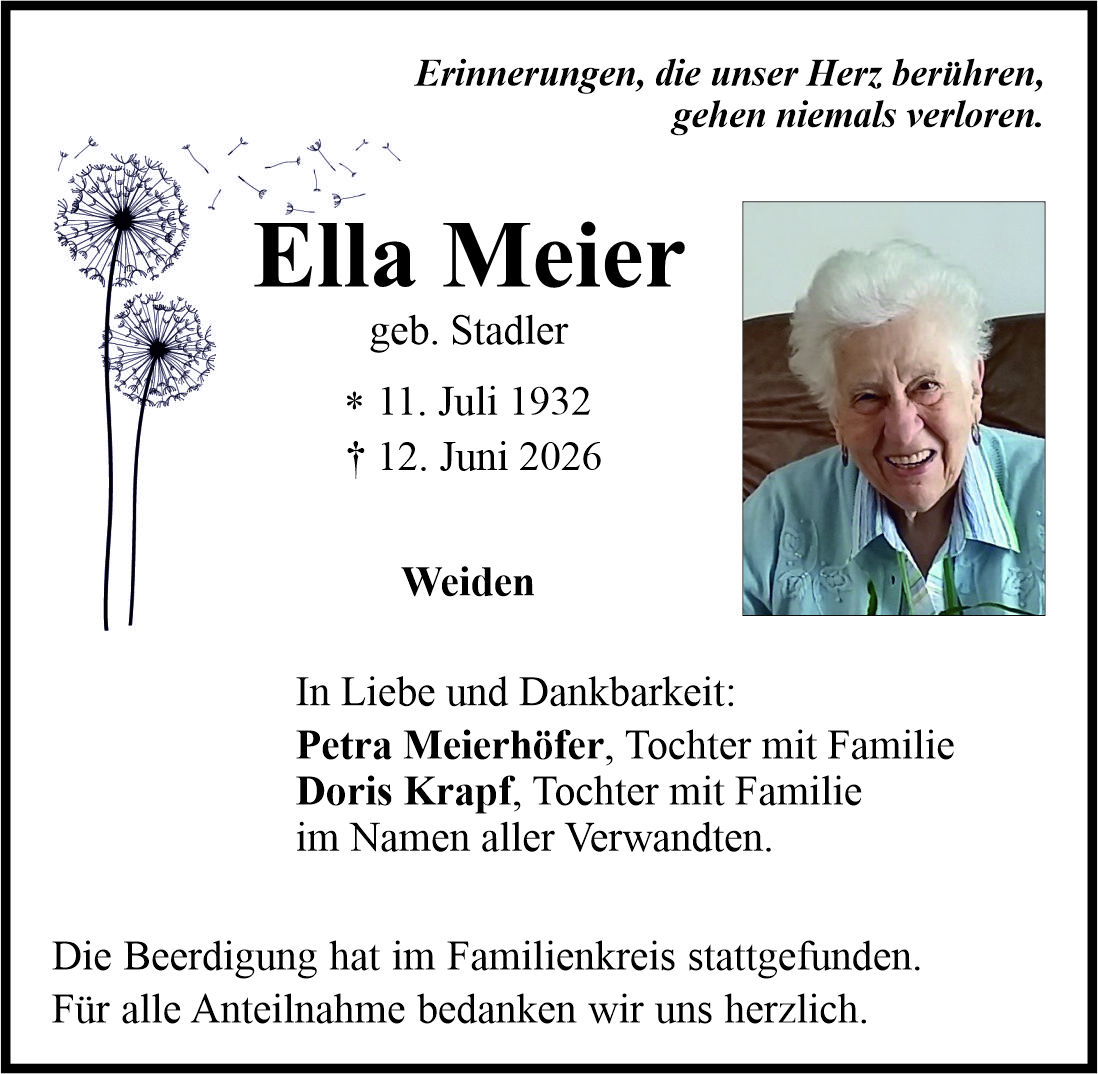 Traueranzeige Ella Meier, Weiden