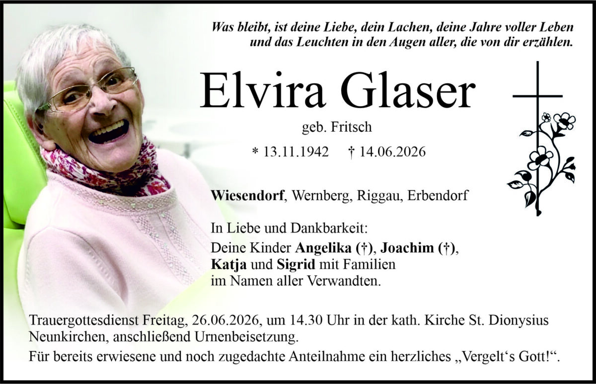 Traueranzeige Elvira Glaser, Wiesendorf