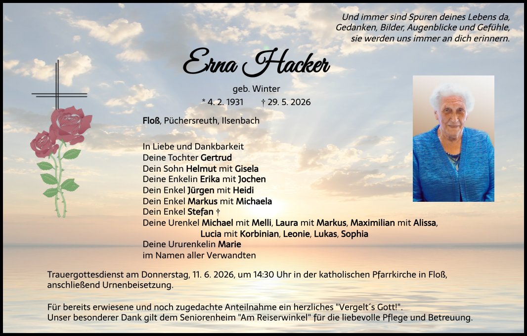 Traueranzeige Erna Hacker, Floß