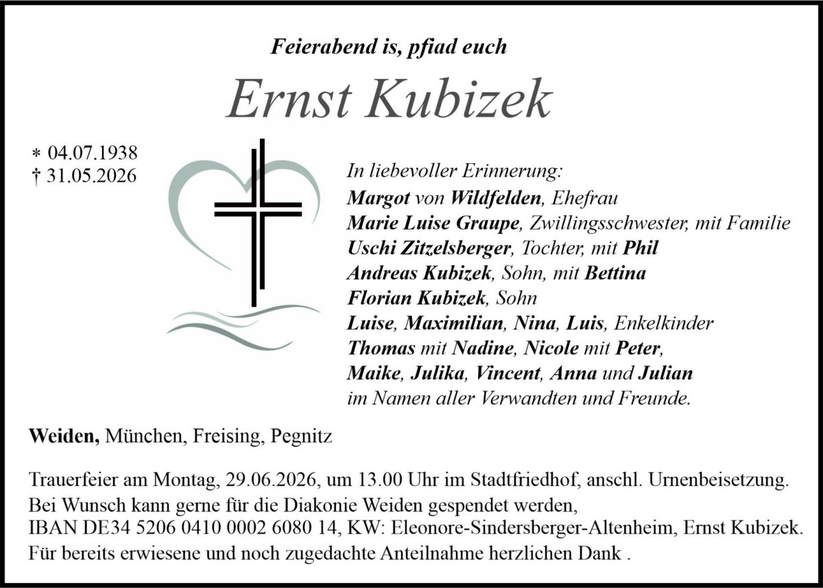 Traueranzeige Ernst Kubizek, Weiden