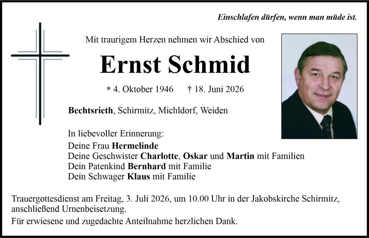 Traueranzeige Ernst Schmid, Bechtsrieth