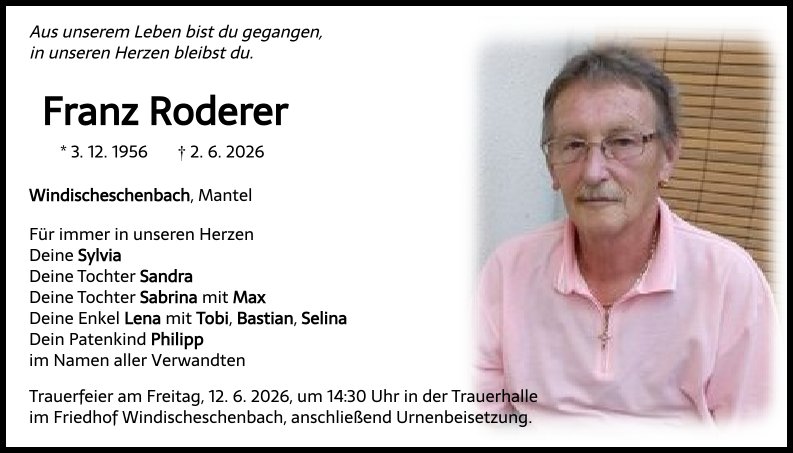 Traueranzeige Franz Roderer, Windischeschenbach