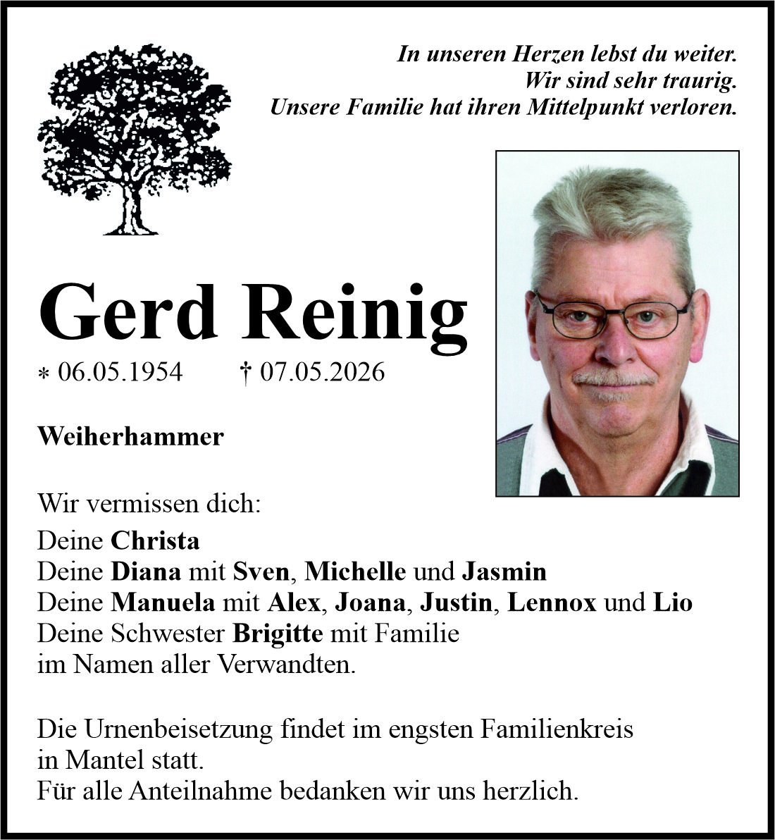 Traueranzeige Gerd Reinig, Weiherhammer