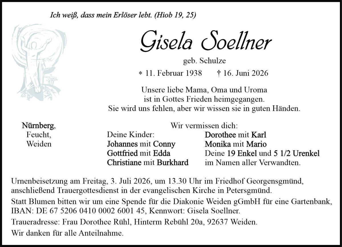 Traueranzeige Gisela Soellner, Nürnberg