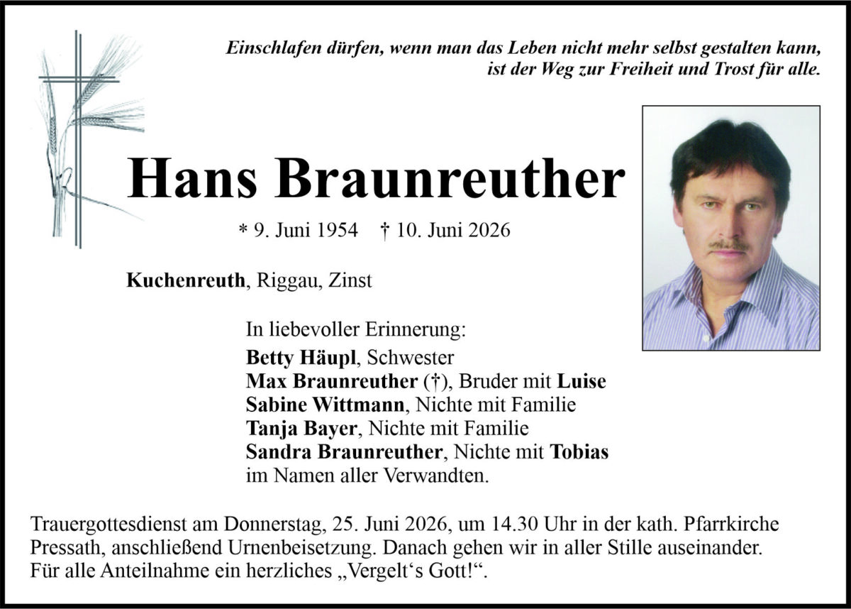 Traueranzeige Hans Braunreuther, Kuchenreuth