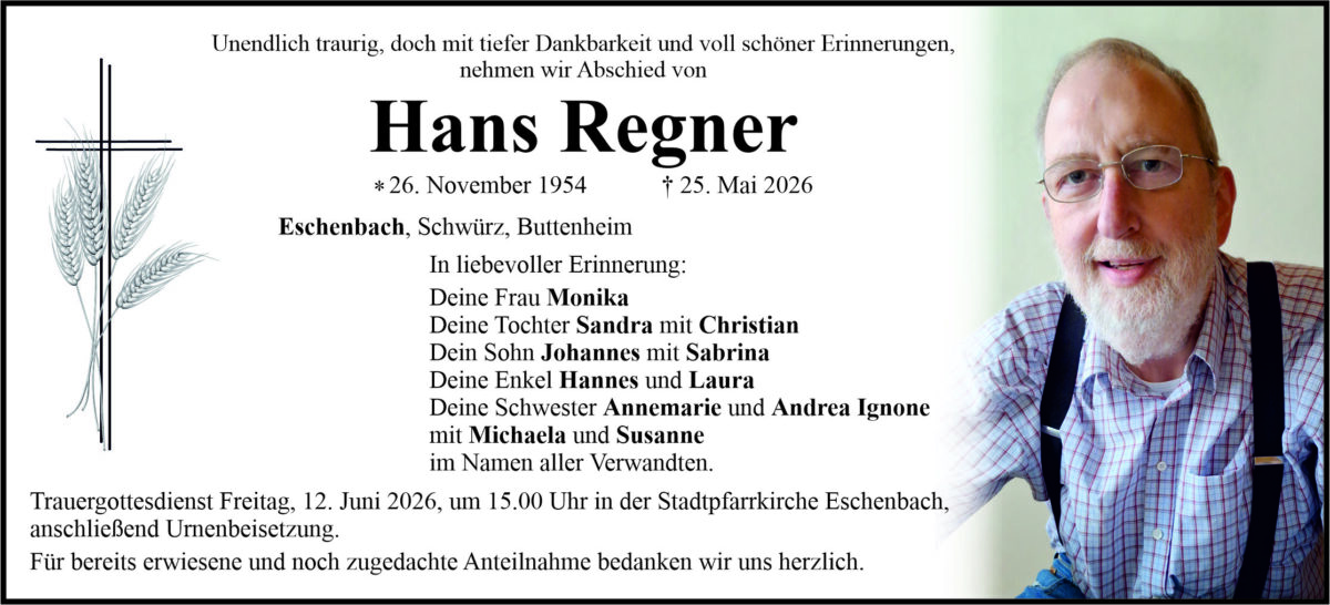 Traueranzeige Hans Regner, Eschenbach