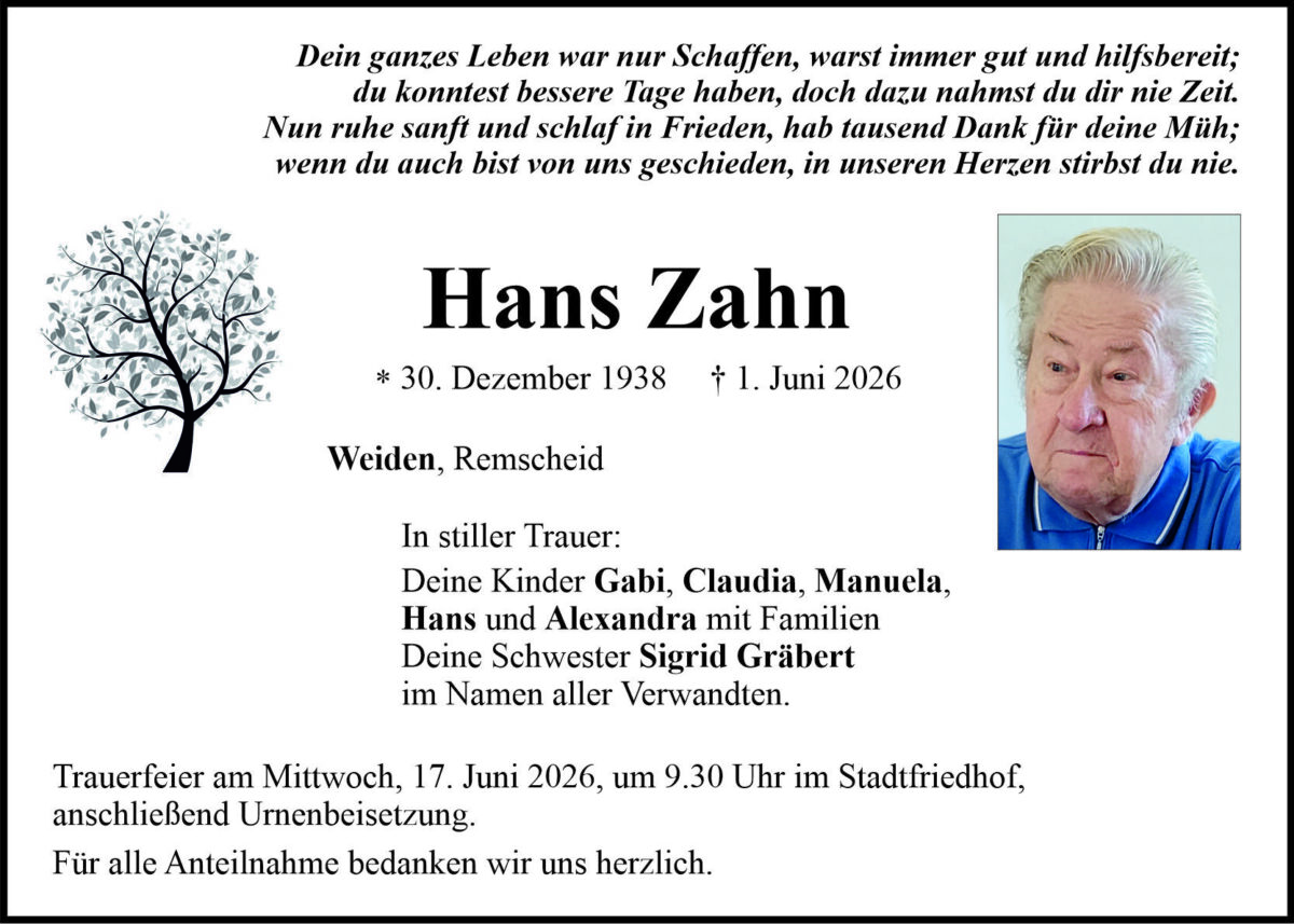 Traueranzeige Hans Zahn, Weiden