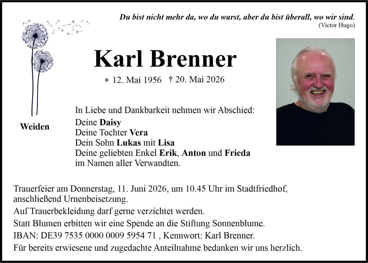 Traueranzeige Karl Brenner, Weiden