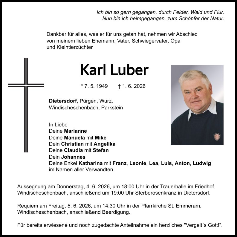Traueranzeige Karl Luber, Dietersdorf