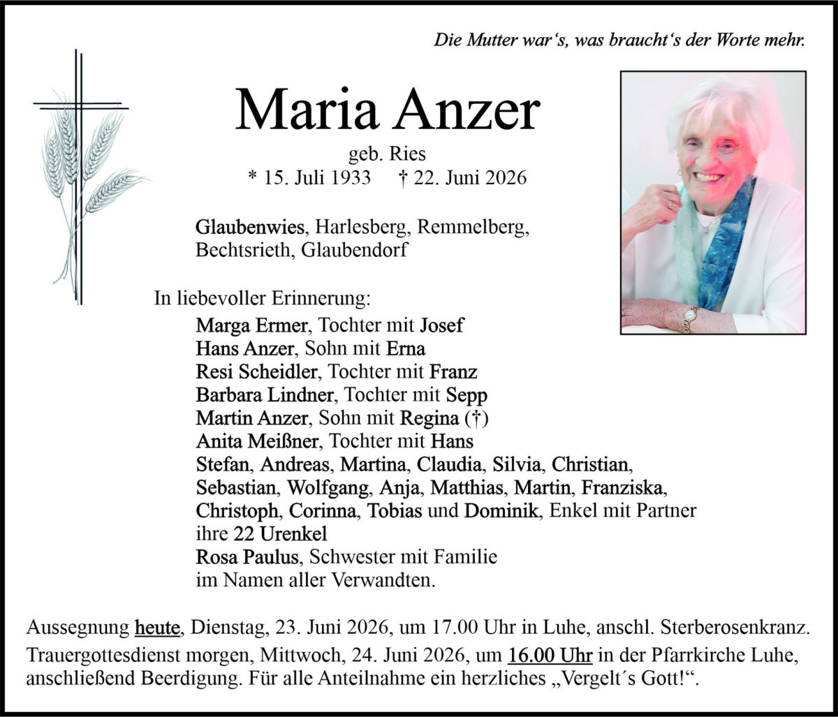Traueranzeige Maria Anzer, Glaubenwies