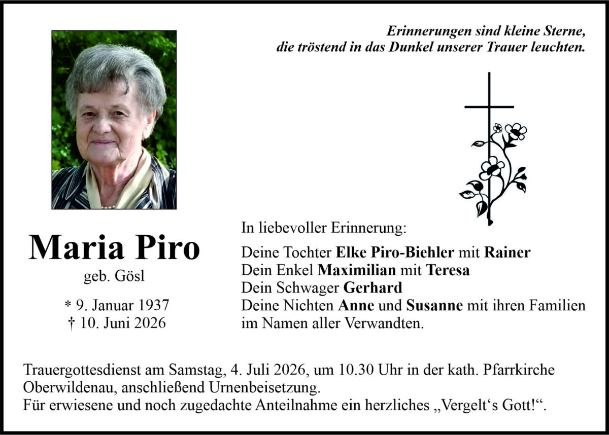 Traueranzeige Maria Piro, Oberwildenau