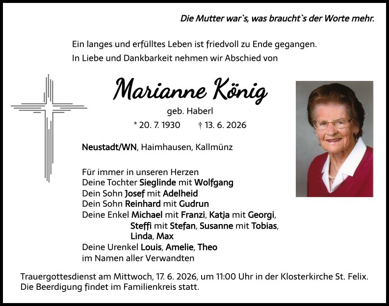 Traueranzeige Marianne König, Neustadt/WN