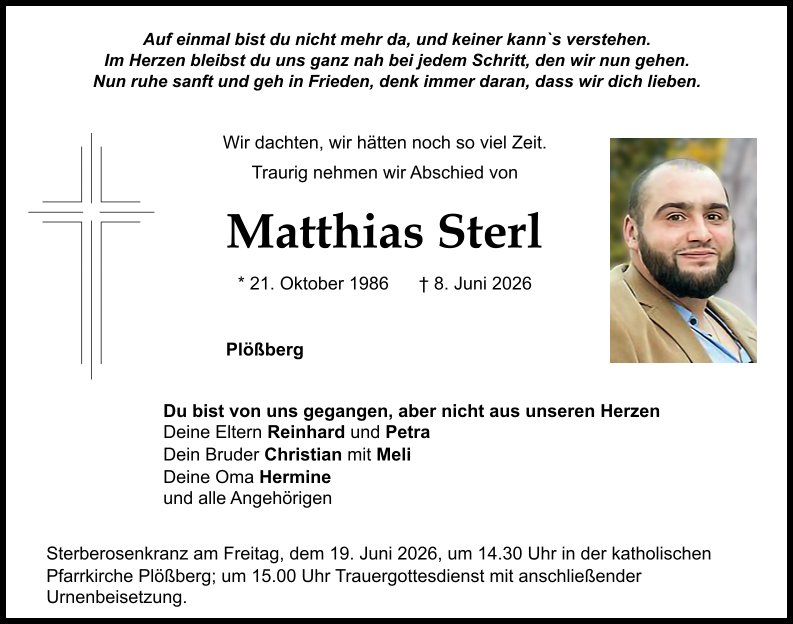 Traueranzeige Matthias Sterl, Plößberg