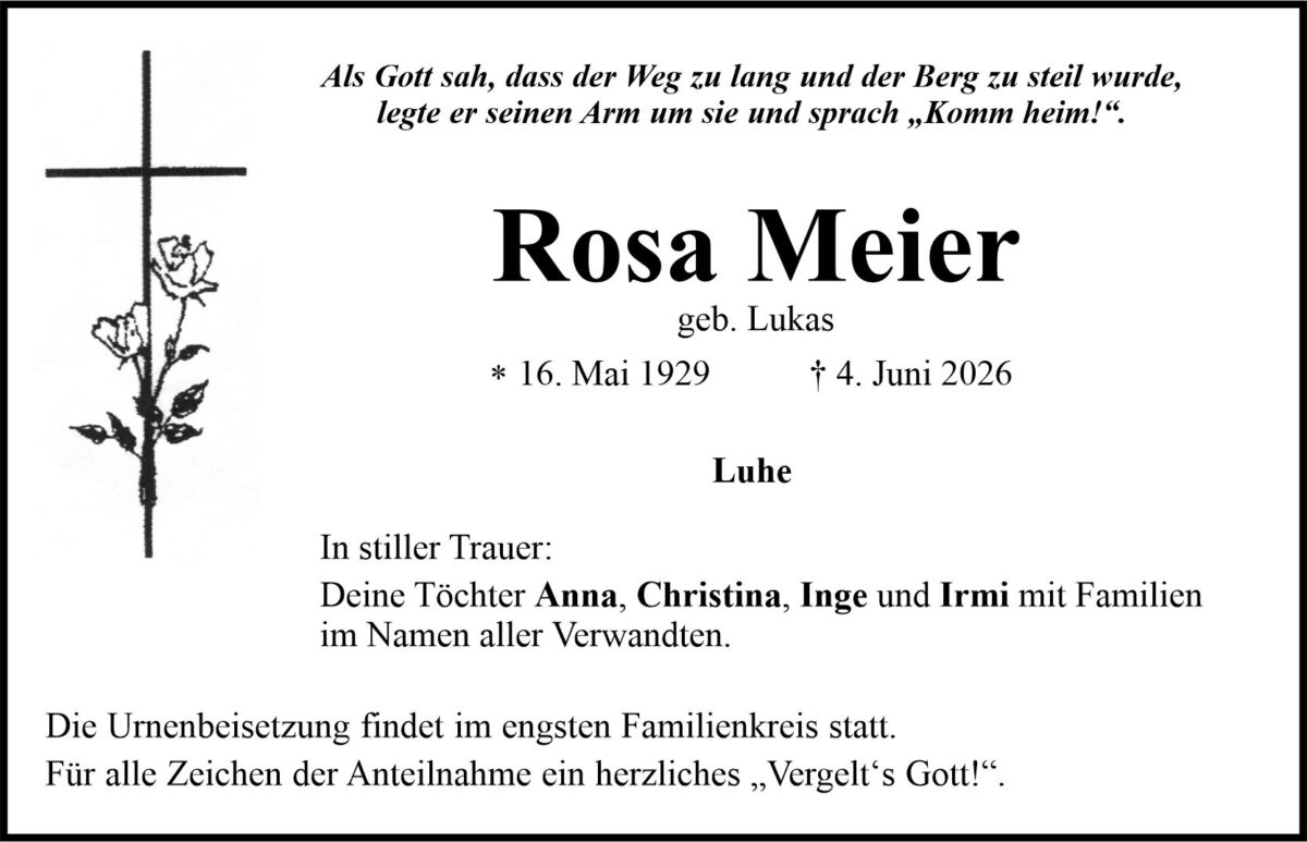 Traueranzeige Rosa Meier, Luhe