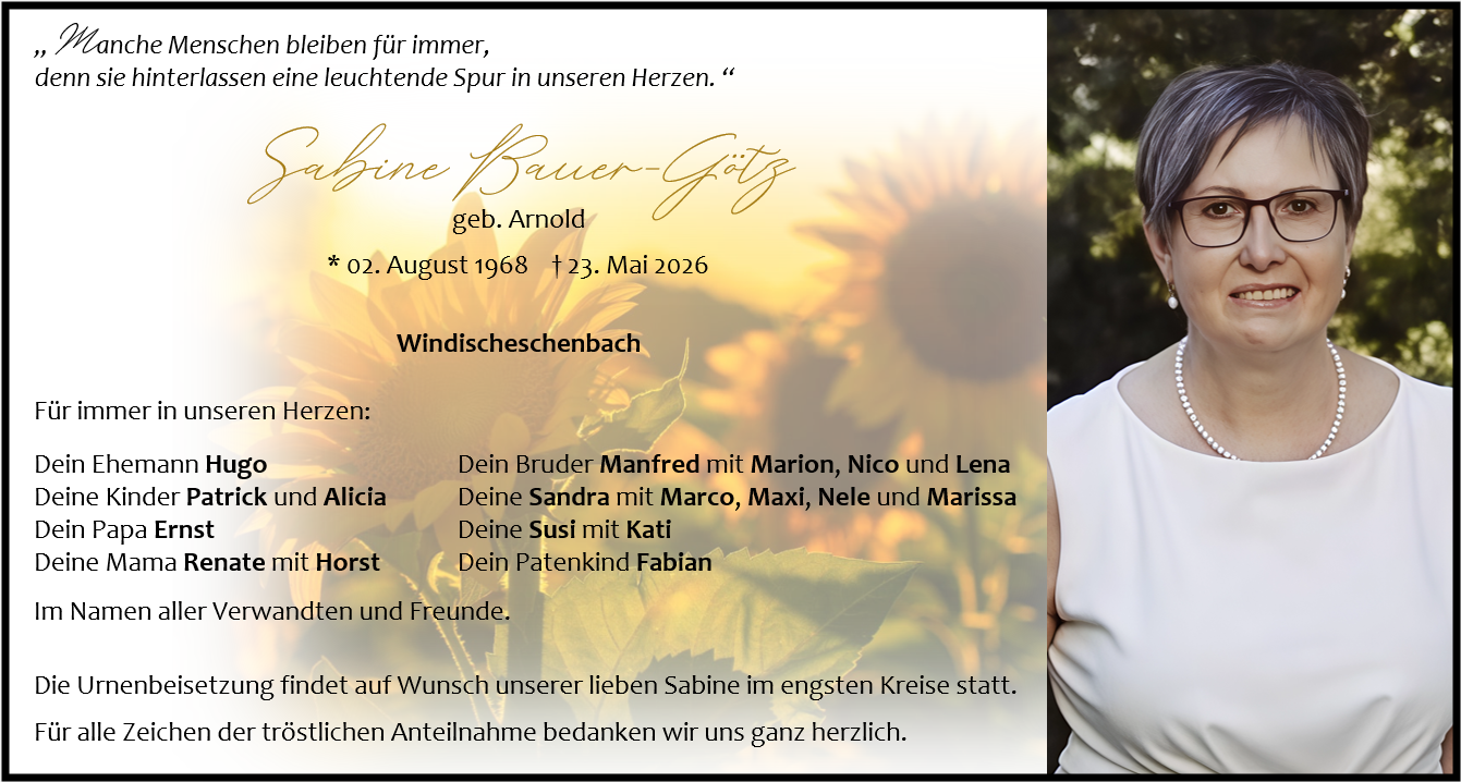 Traueranzeige Sabine Bauer-Götz, Windischeschenbach