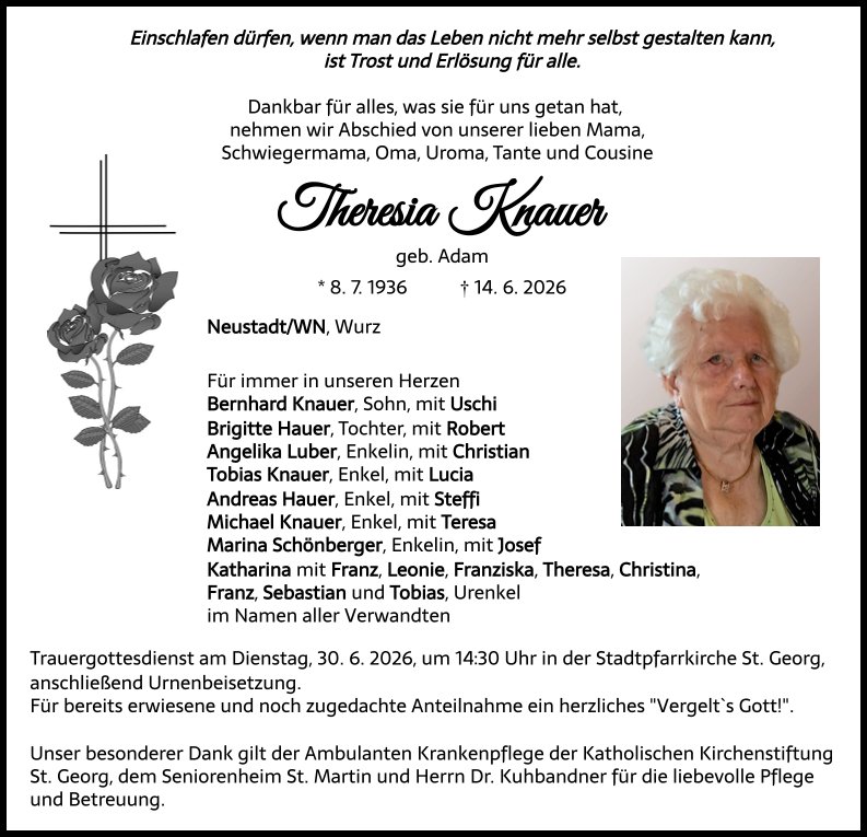 Traueranzeige Theresia Knauer, Neustadt/WN