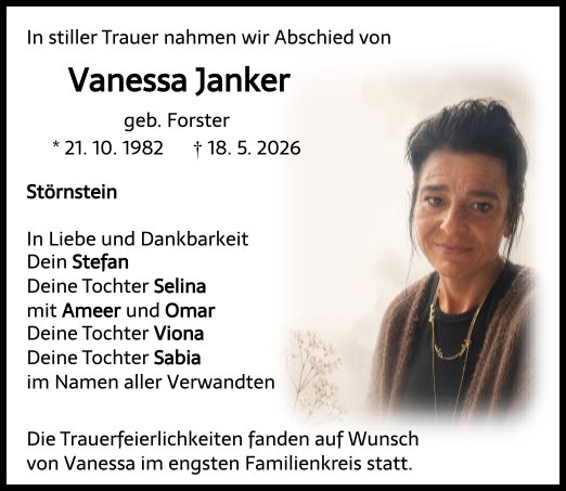Traueranzeige Vanessa Janker, Störnstein