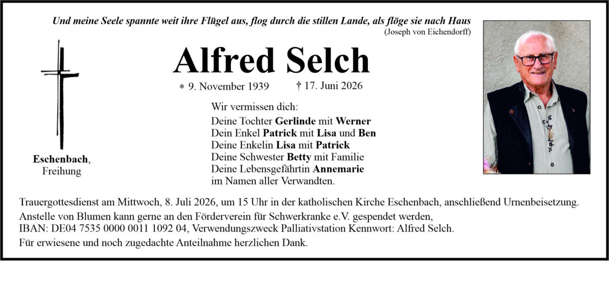 Traueranzeige Alfred Selch, Eschenbach