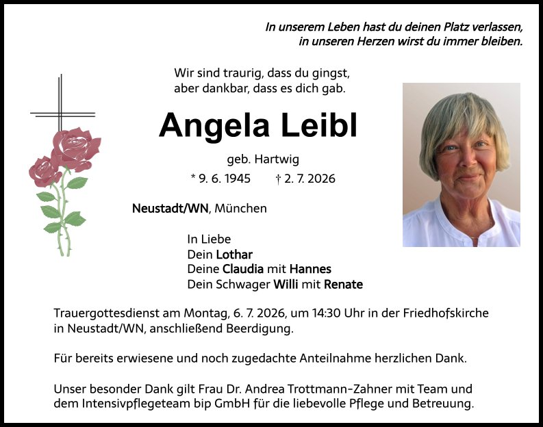 Traueranzeige Angela Leibl, Neustadt/WN