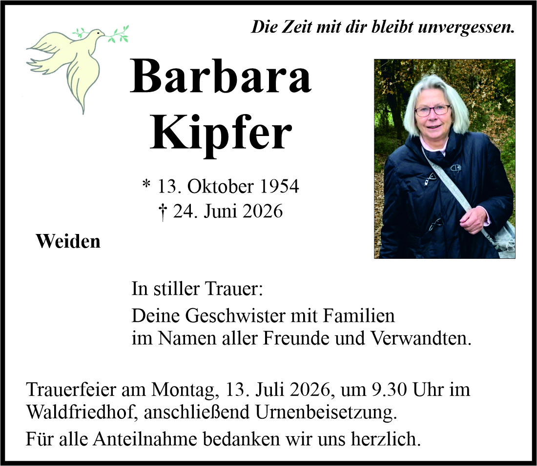 Traueranzeige Barbara Kipfer, Weiden