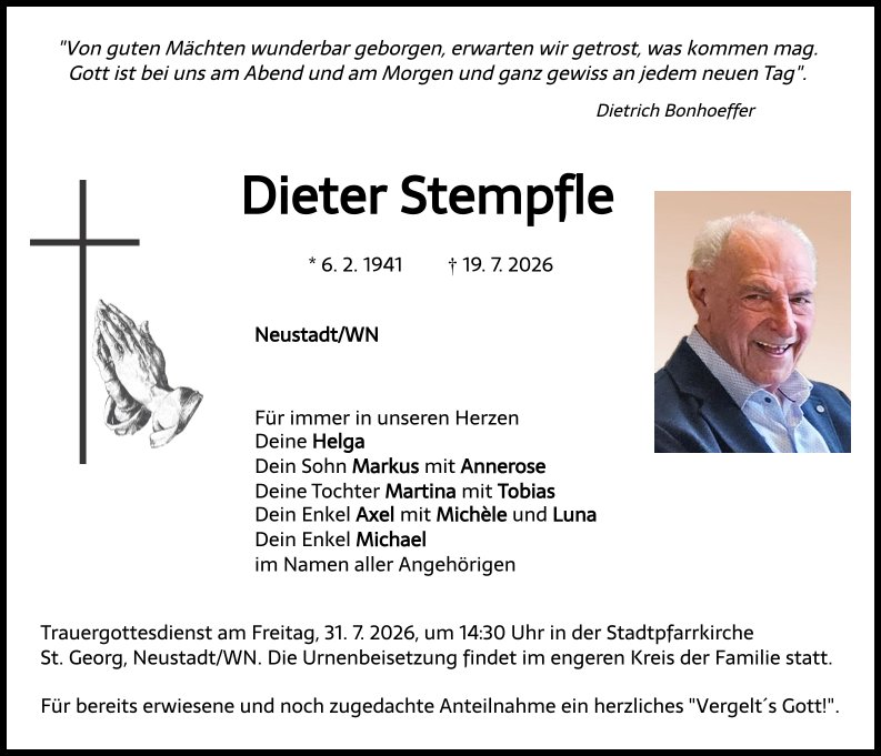 Traueranzeige Dieter Stempfle, Neustadt/WN