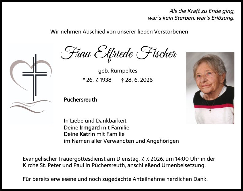 Traueranzeige Elfriede Fischer, Püchersreuth
