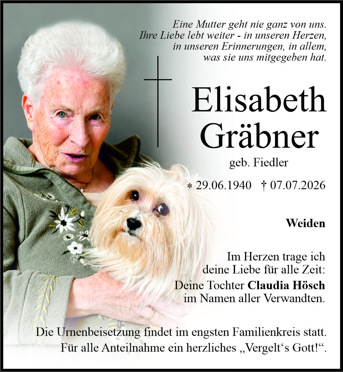 Traueranzeige Elisabeth Gräbner, Weiden