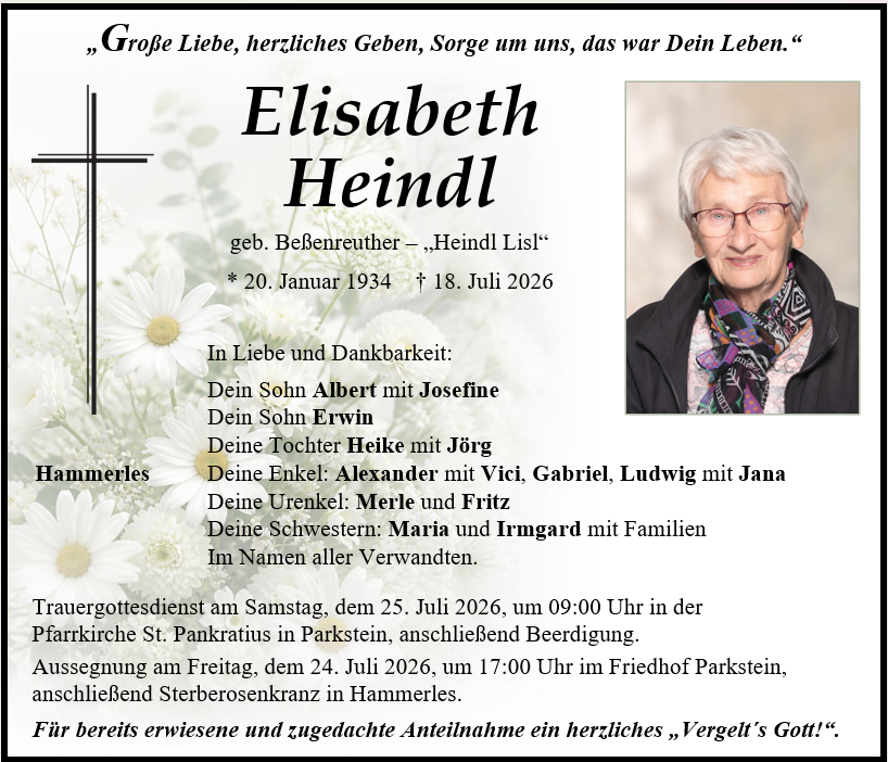 Traueranzeige Elisabeth Heindl, Parkstein
