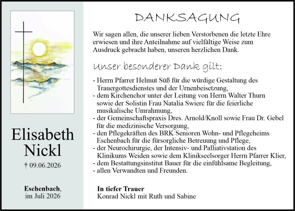 Traueranzeige Elisabeth Nickl, Eschenbach