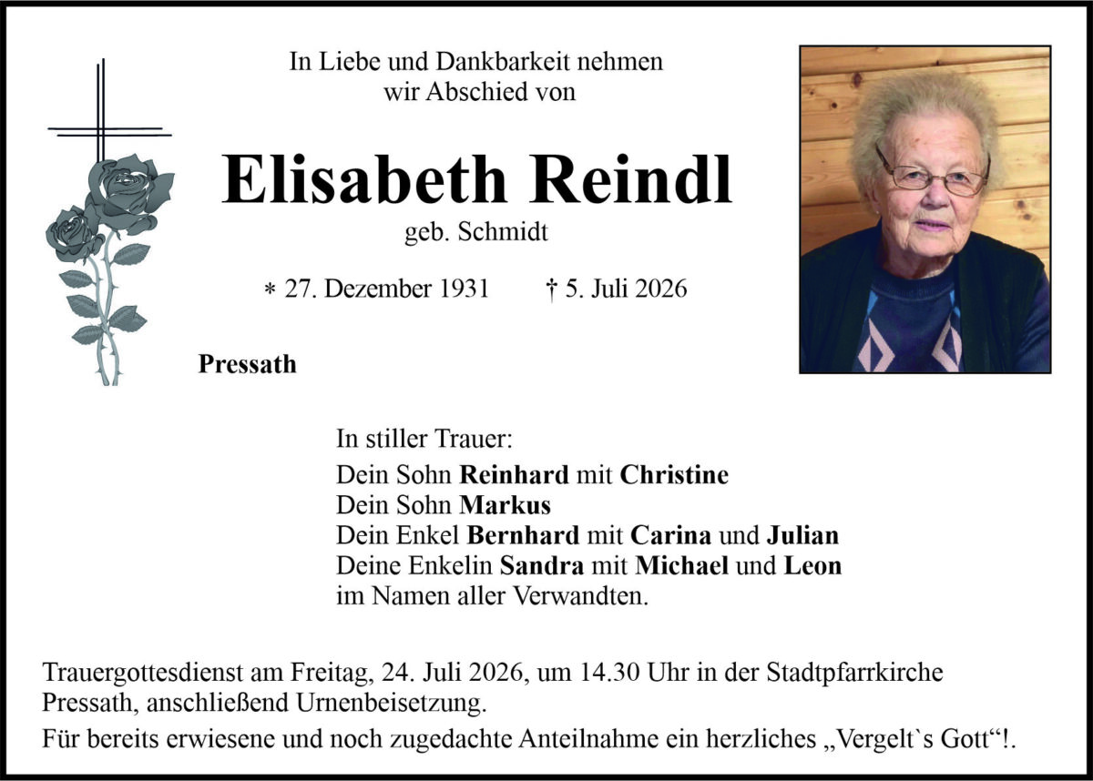 Traueranzeige Elisabeth Reindl, Pressath