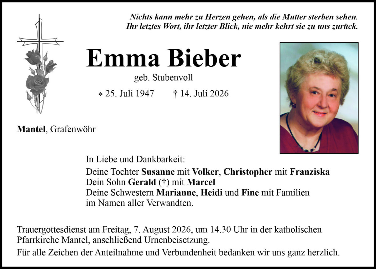Traueranzeige Emma Bieber, Mantel