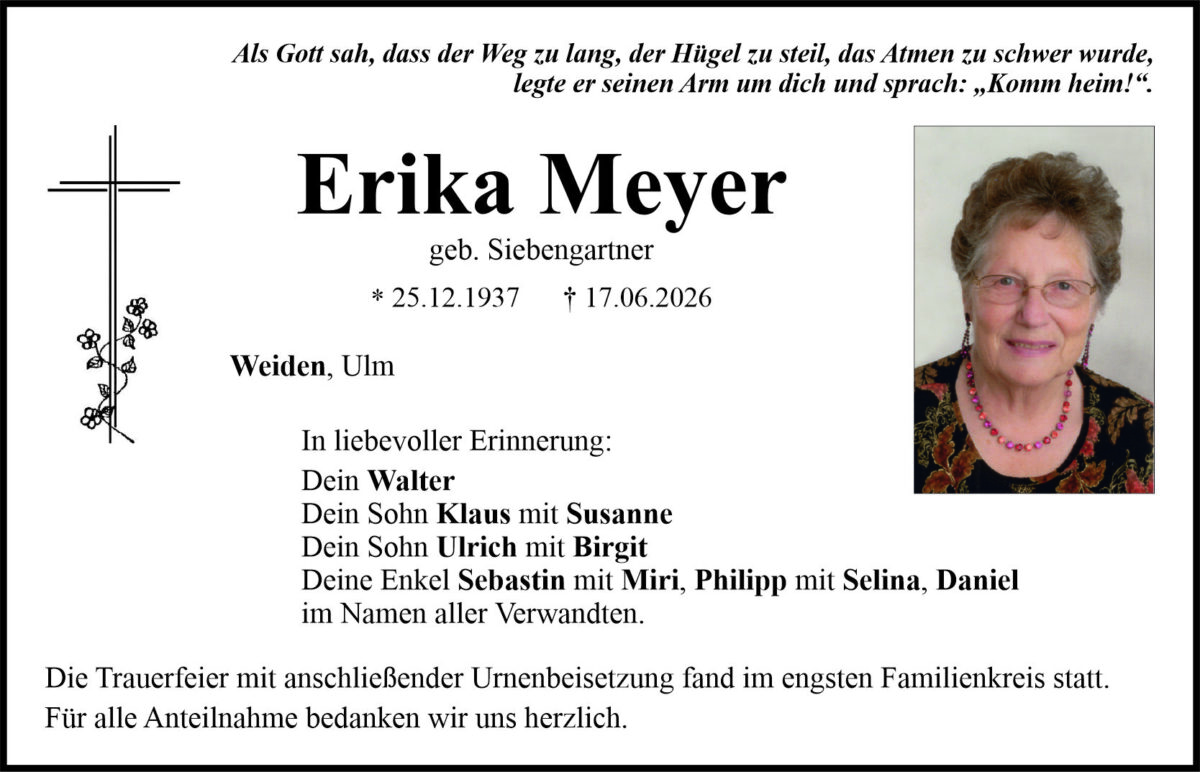 Traueranzeige Erika Meyer, Weiden