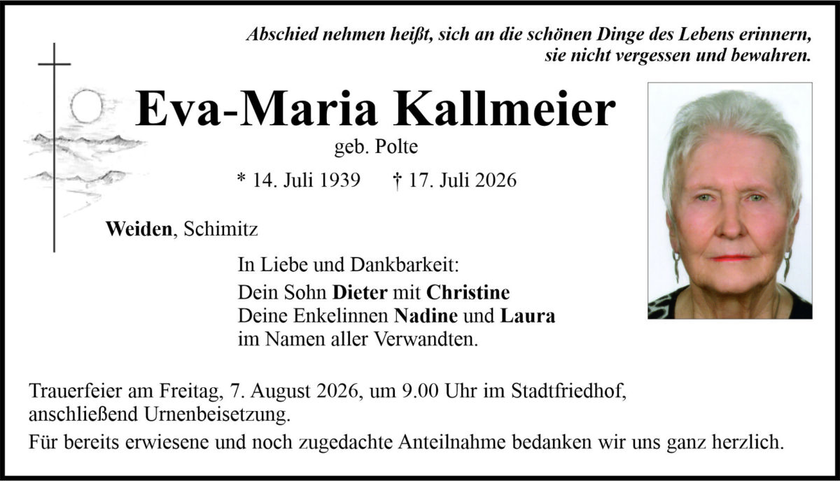 Traueranzeige Eva-Maria Kallmeier, Weiden