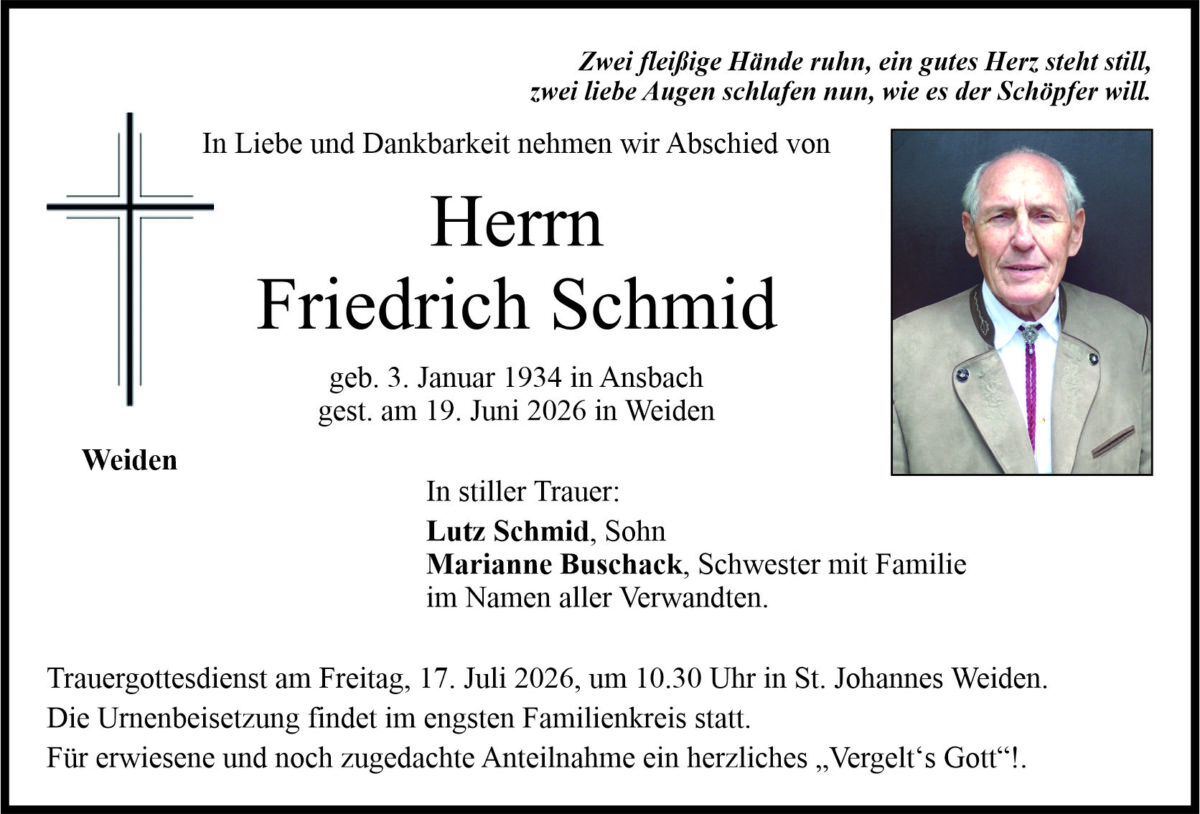 Traueranzeige Friedrich Schmid, Weiden