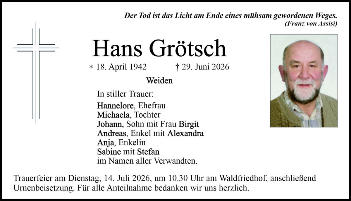 Traueranzeige Hans Grötsch, Weiden
