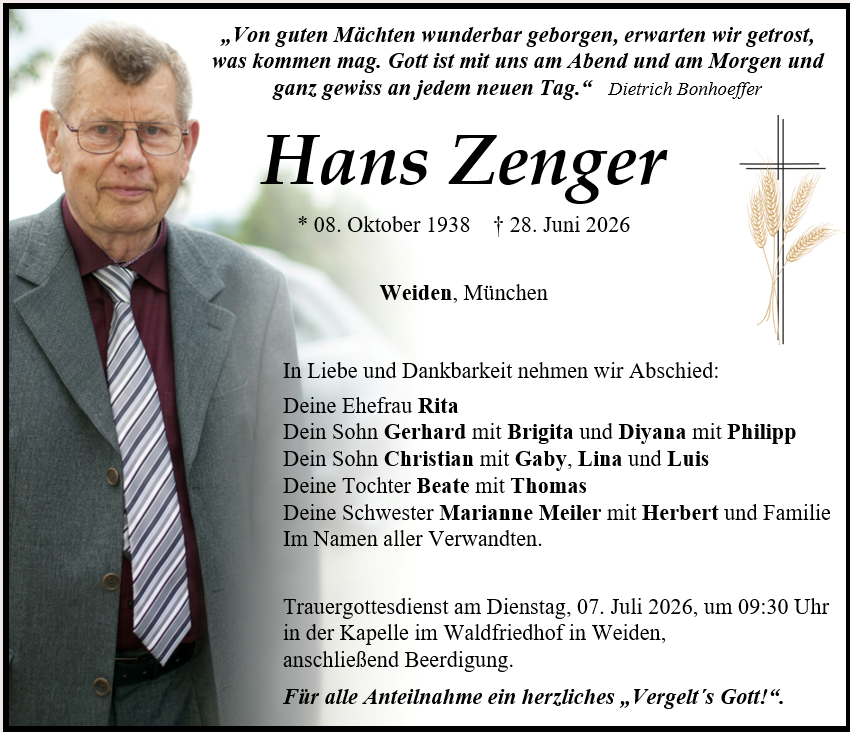 Traueranzeige Hans Zenger, Weiden